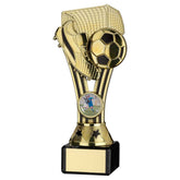 GOLD/BLACK PLASTIC 'WEMBLEY' FIGURE ON BLACK MARBLE TROPHY - (1in CEN) - 7.25in